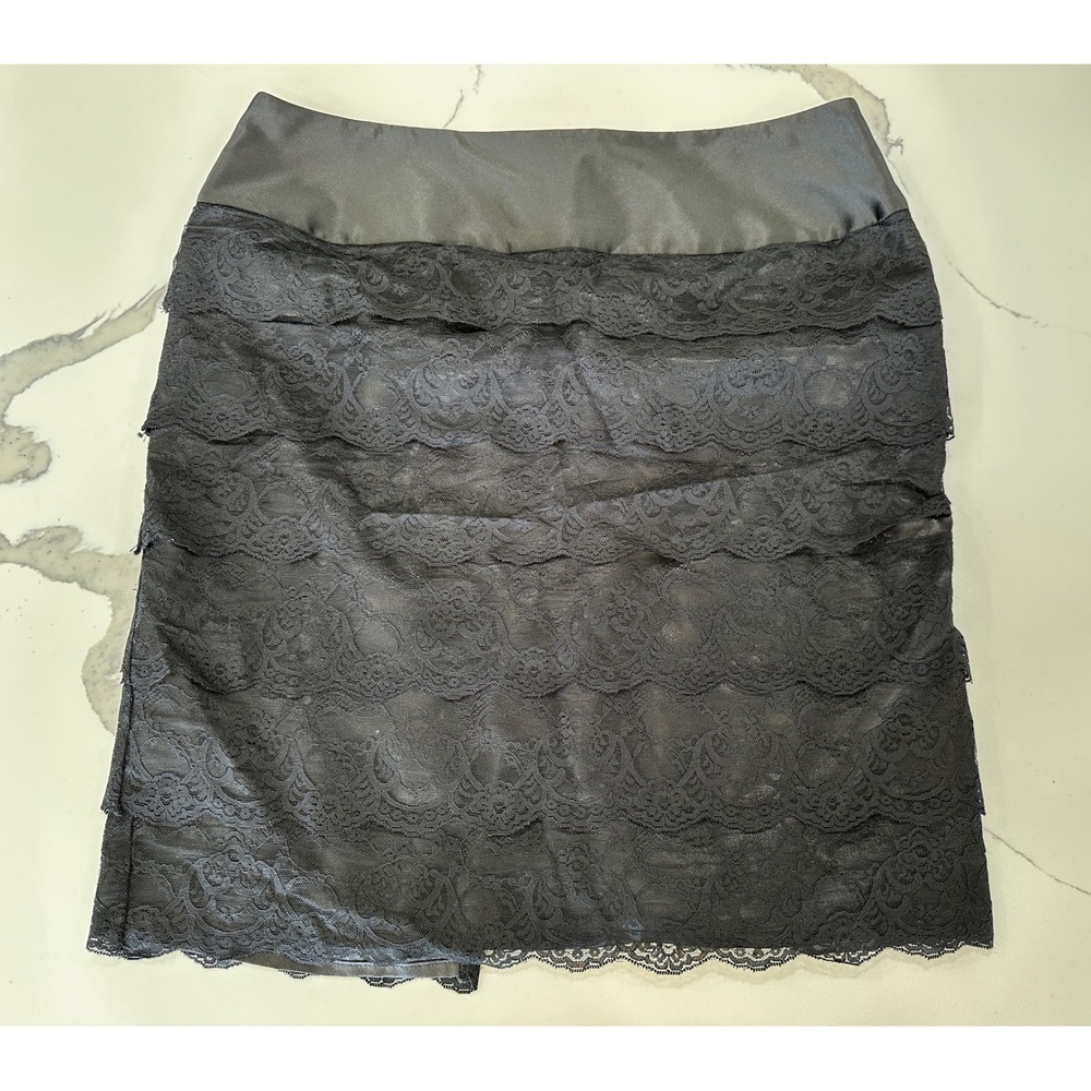 Black Tiered Lace Pencil Skirt 12 Satin Waist Dalia Collection Womens